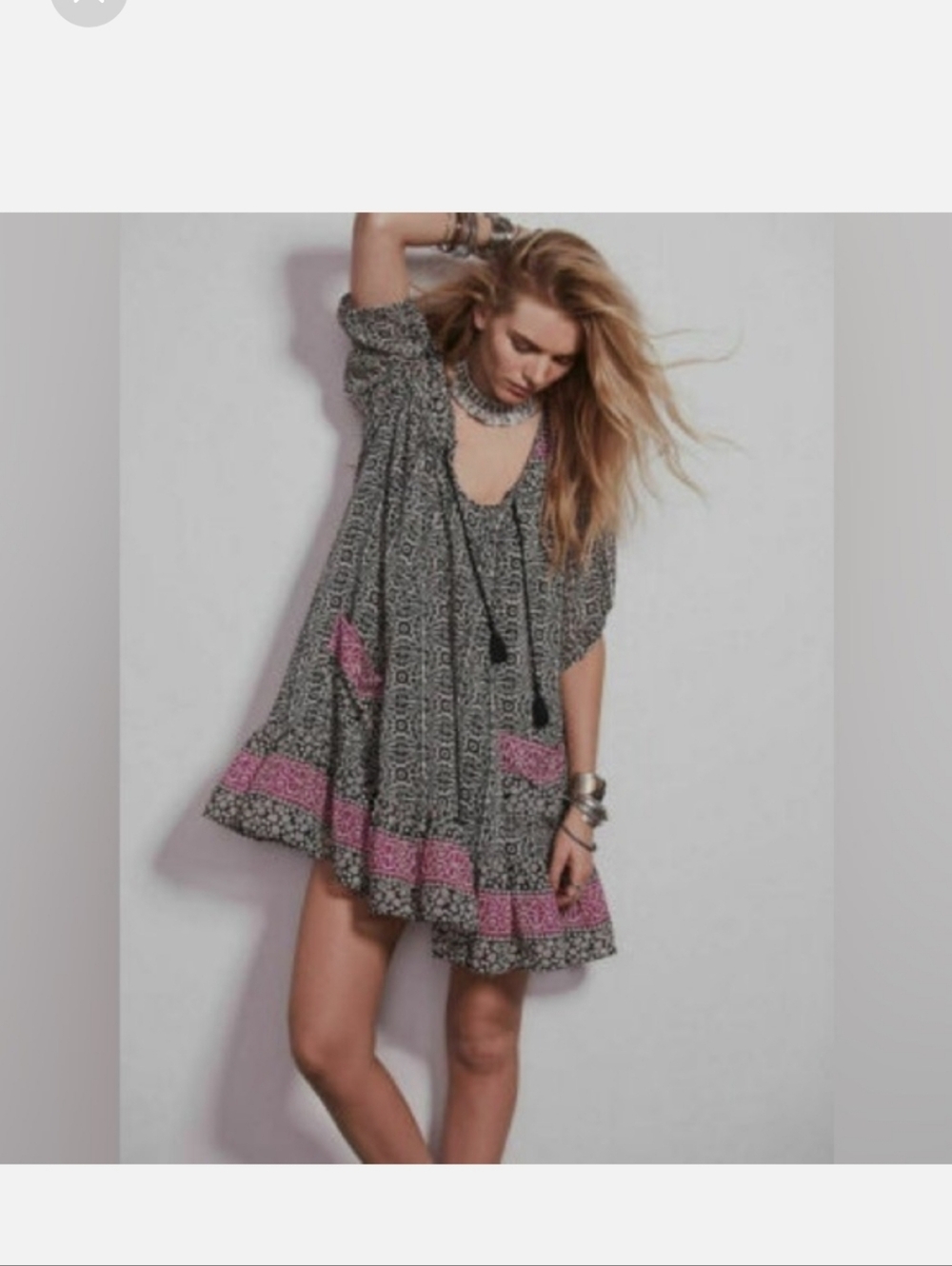 Free People Penny Lane Boho Black & Pink Printed Swing Dress